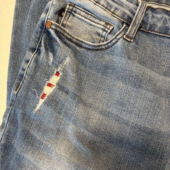 Judy Blue Distressed Flare Bootcut Jeans w/ Red Plaid Patches - Boho, size 15/32 - Picture 5 of 8